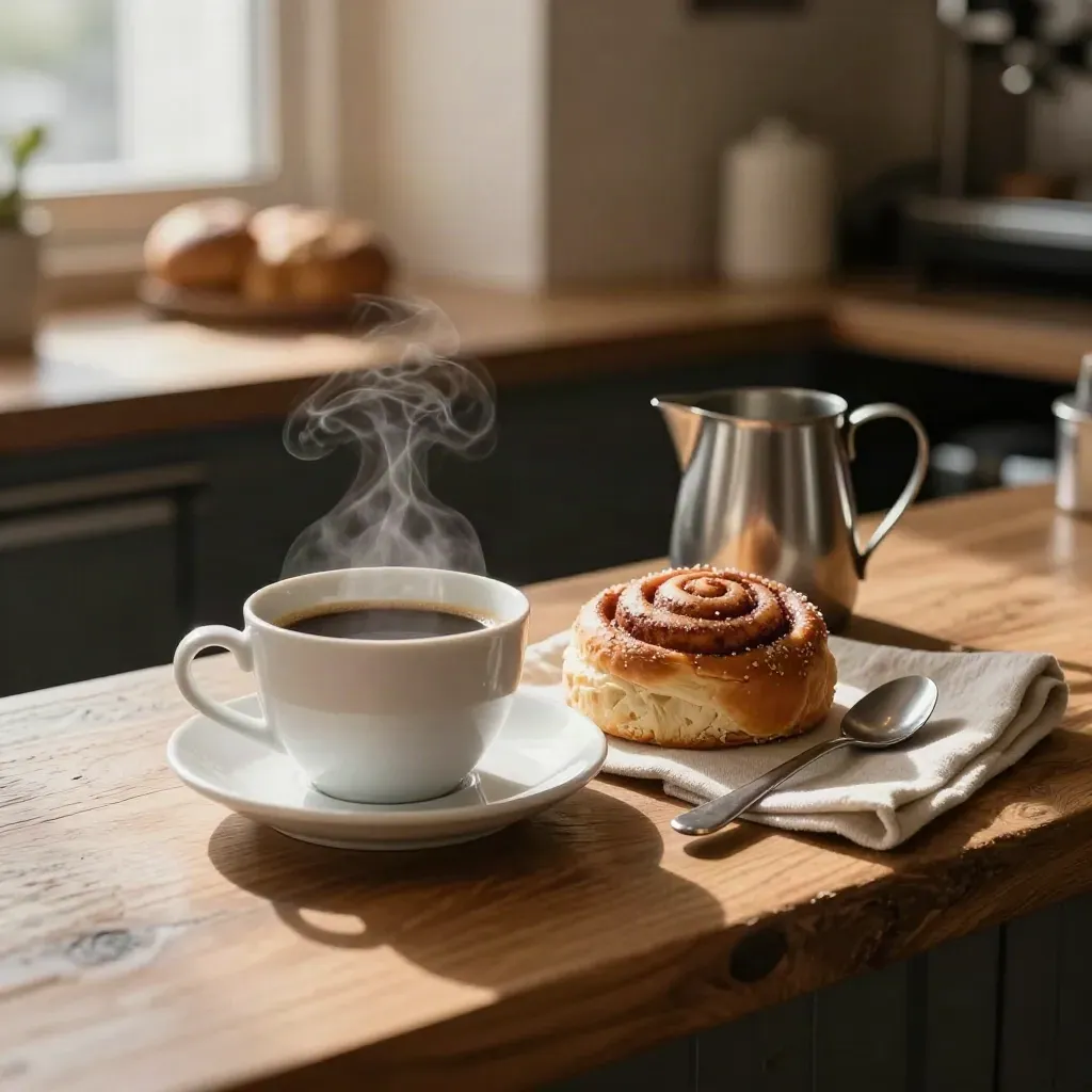 Porlande morgonkaffe med kanelbulle, mjölkkanna och servett på varm träbar