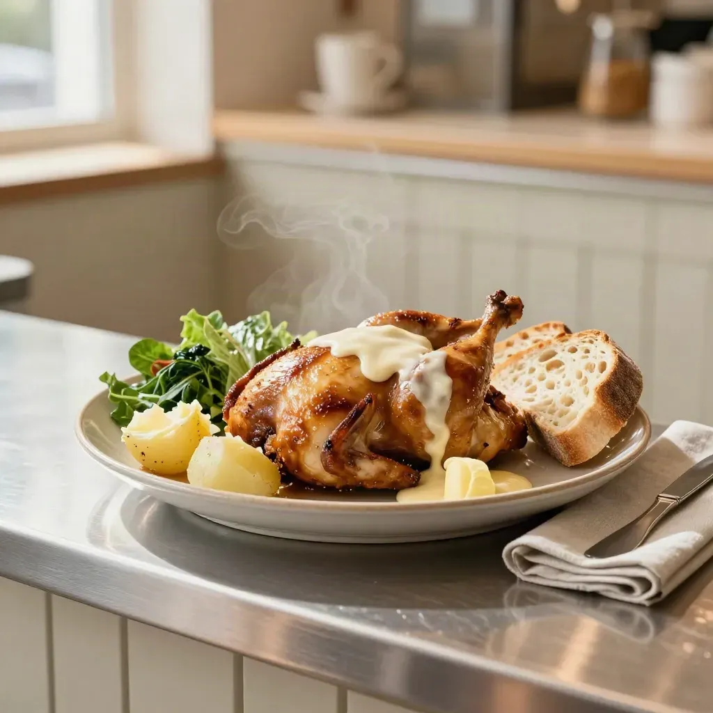 Rostad kyckling med potatis, sallad, bröd och sås på stengodstallrik i varm cafémiljö.