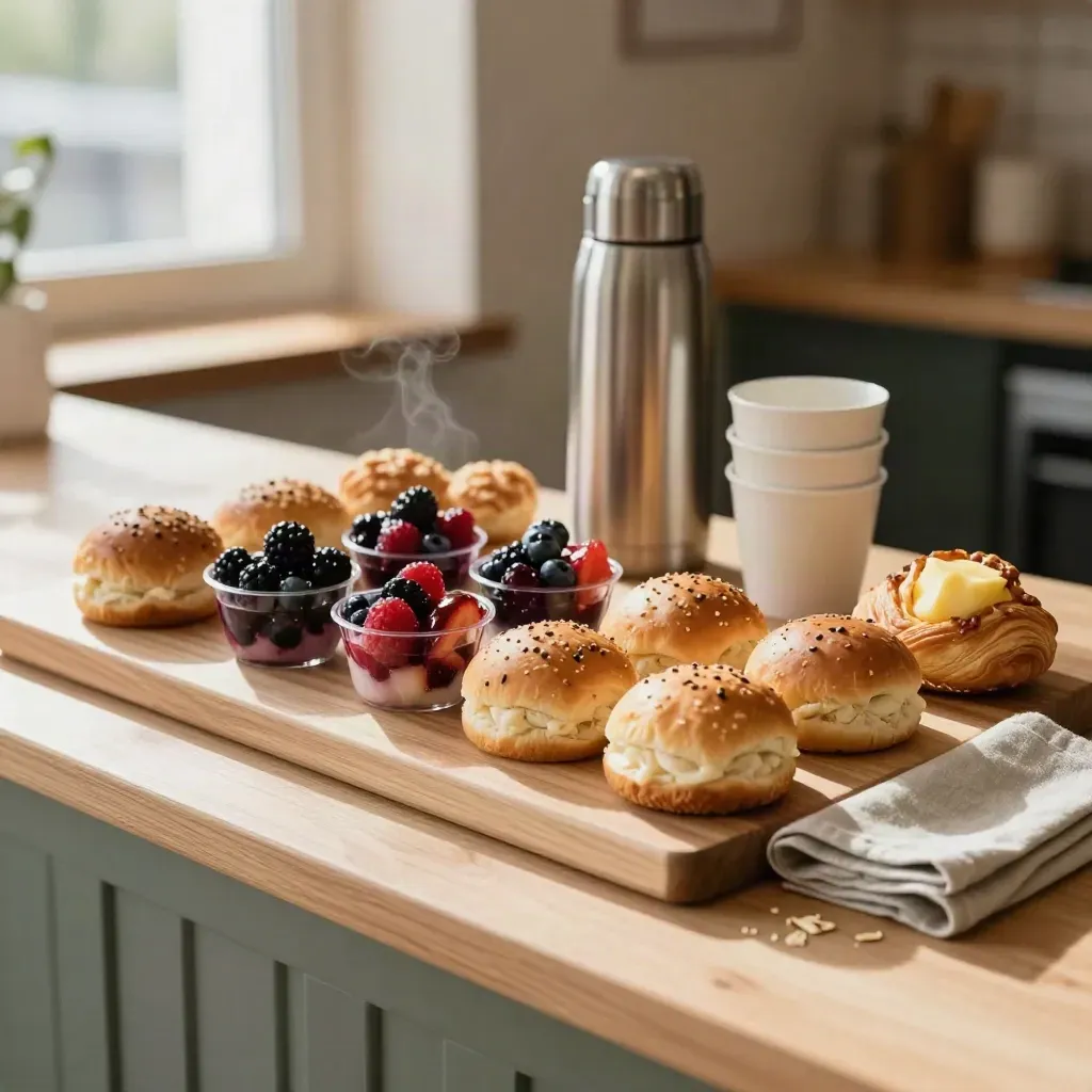 Frukostcatering på träbricka med små bakverk, frukt och kaffetermos i varm cafémiljö.