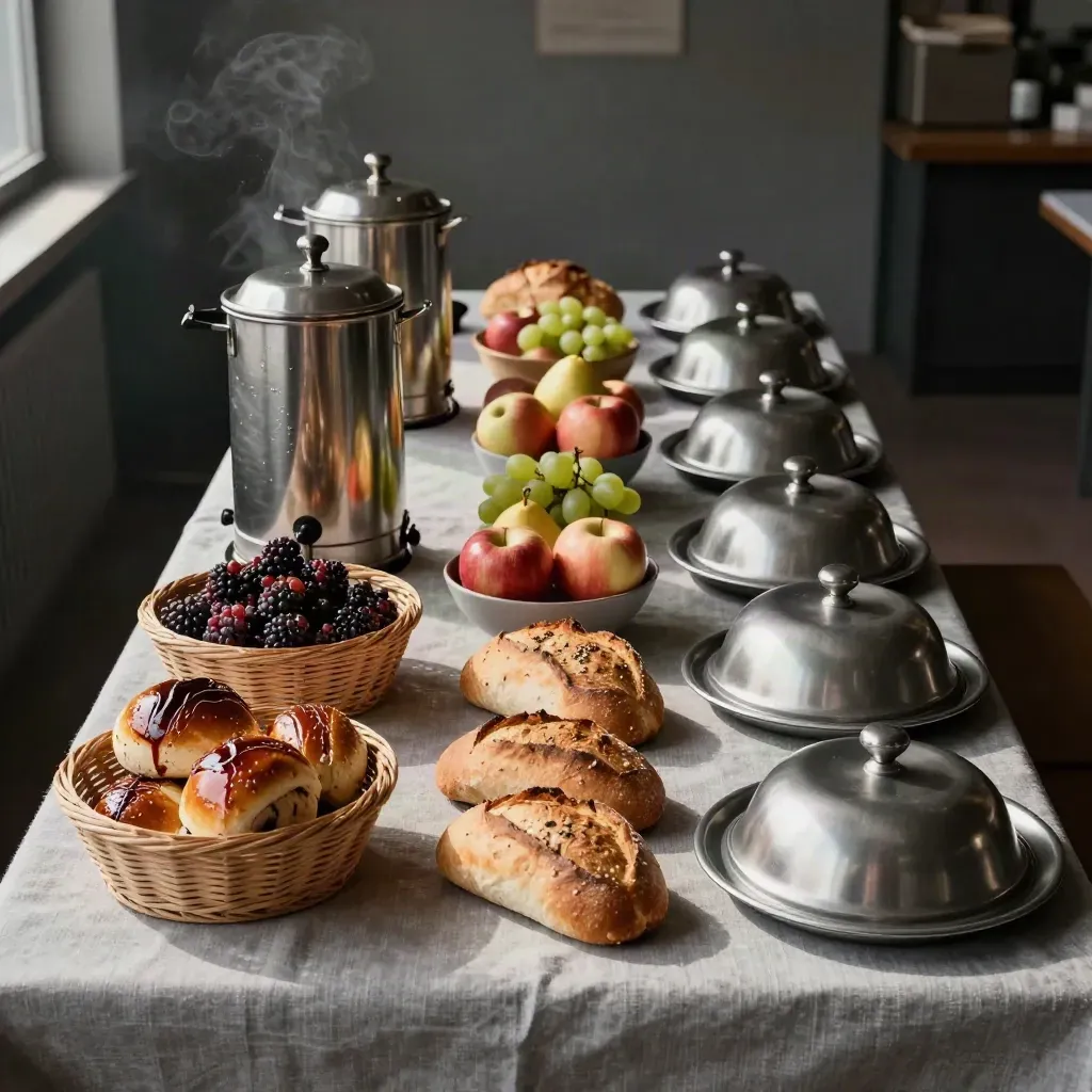 Mötesfrukost med kaffeurnor, frallor, frukt och täckta fat på ett dukat cateringbord.