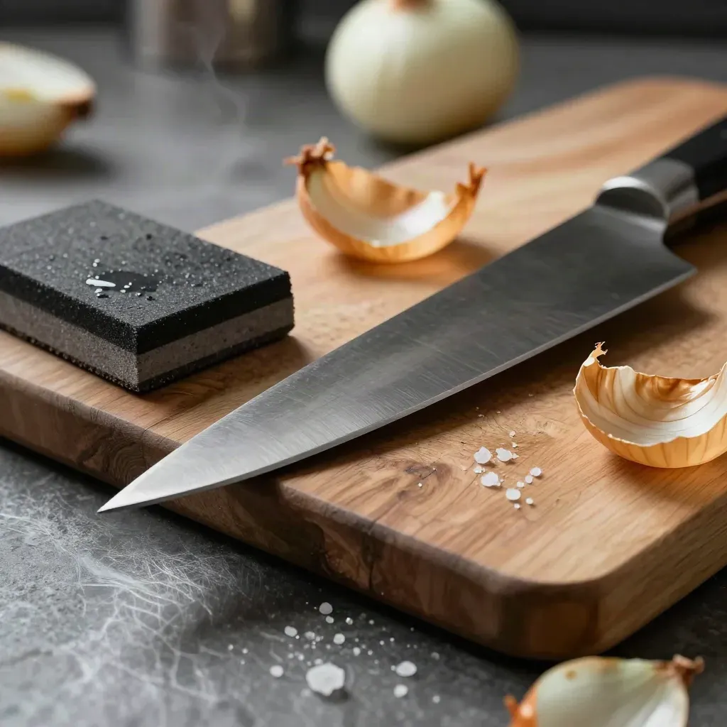 Närbild av kockkniv, brynsten, träskärbräda, lökskal och saltkristaller i dämpat köksljus